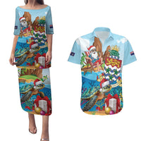 Cayman Islands Christmas Couples Matching Puletasi and Hawaiian Shirt Santa Claus Turtle Beachy Xmas - Wonder Print Shop
