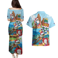 Cayman Islands Christmas Couples Matching Puletasi and Hawaiian Shirt Santa Claus Turtle Beachy Xmas - Wonder Print Shop