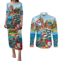 Cayman Islands Christmas Couples Matching Puletasi and Long Sleeve Button Shirt Santa Claus Turtle Beachy Xmas - Wonder Print Shop