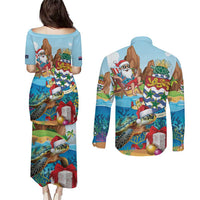 Cayman Islands Christmas Couples Matching Puletasi and Long Sleeve Button Shirt Santa Claus Turtle Beachy Xmas - Wonder Print Shop