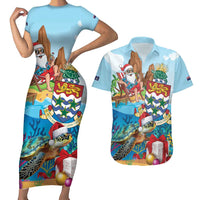 Cayman Islands Christmas Couples Matching Short Sleeve Bodycon Dress and Hawaiian Shirt Santa Claus Turtle Beachy Xmas - Wonder Print Shop