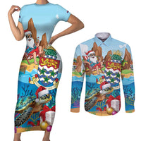 Cayman Islands Christmas Couples Matching Short Sleeve Bodycon Dress and Long Sleeve Button Shirt Santa Claus Turtle Beachy Xmas - Wonder Print Shop
