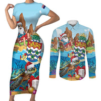 Cayman Islands Christmas Couples Matching Short Sleeve Bodycon Dress and Long Sleeve Button Shirt Santa Claus Turtle Beachy Xmas - Wonder Print Shop