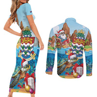 Cayman Islands Christmas Couples Matching Short Sleeve Bodycon Dress and Long Sleeve Button Shirt Santa Claus Turtle Beachy Xmas - Wonder Print Shop