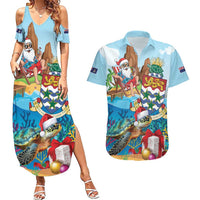 Cayman Islands Christmas Couples Matching Summer Maxi Dress and Hawaiian Shirt Santa Claus Turtle Beachy Xmas - Wonder Print Shop