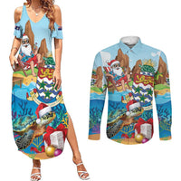 Cayman Islands Christmas Couples Matching Summer Maxi Dress and Long Sleeve Button Shirt Santa Claus Turtle Beachy Xmas - Wonder Print Shop
