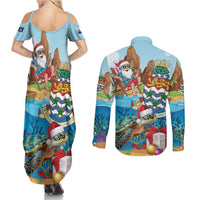 Cayman Islands Christmas Couples Matching Summer Maxi Dress and Long Sleeve Button Shirt Santa Claus Turtle Beachy Xmas - Wonder Print Shop