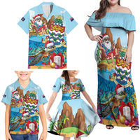 Cayman Islands Christmas Family Matching Off Shoulder Maxi Dress and Hawaiian Shirt Santa Claus Turtle Beachy Xmas - Wonder Print Shop