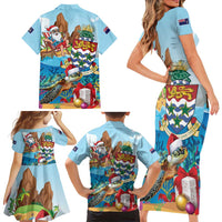 Cayman Islands Christmas Family Matching Short Sleeve Bodycon Dress and Hawaiian Shirt Santa Claus Turtle Beachy Xmas - Wonder Print Shop