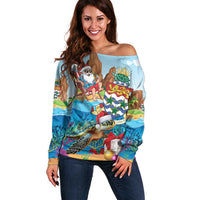 Cayman Islands Christmas Off Shoulder Sweater Santa Claus Turtle Beachy Xmas - Wonder Print Shop