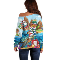 Cayman Islands Christmas Off Shoulder Sweater Santa Claus Turtle Beachy Xmas - Wonder Print Shop