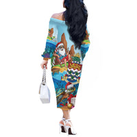 Cayman Islands Christmas Off The Shoulder Long Sleeve Dress Santa Claus Turtle Beachy Xmas - Wonder Print Shop