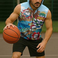 Cayman Islands Christmas Sleeveless Zip Hoodie Santa Claus Turtle Beachy Xmas - Wonder Print Shop
