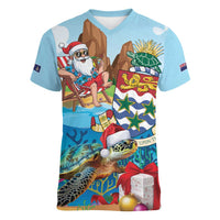 Cayman Islands Christmas Women V-Neck T-Shirt Santa Claus Turtle Beachy Xmas - Wonder Print Shop