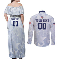 Custom USA Soccer Team 2026 Couples Matching Off Shoulder Maxi Dress and Long Sleeve Button Shirt One Nation One Team - Wonder Print Shop