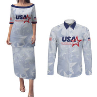 Custom USA Soccer Team 2026 Couples Matching Puletasi and Long Sleeve Button Shirt One Nation One Team - Wonder Print Shop