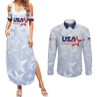 Custom USA Soccer Team 2026 Couples Matching Summer Maxi Dress and Long Sleeve Button Shirt One Nation One Team - Wonder Print Shop