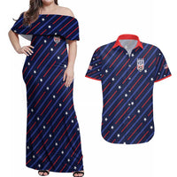 Custom Soccer USA 2026 Couples Matching Off Shoulder Maxi Dress and Hawaiian Shirt Stronger Together We Are One Nation - Wonder Print Shop