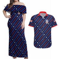 Custom Soccer USA 2026 Couples Matching Off Shoulder Maxi Dress and Hawaiian Shirt Stronger Together We Are One Nation - Wonder Print Shop