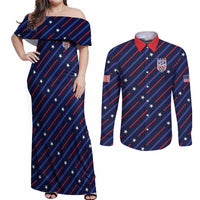 Custom Soccer USA 2026 Couples Matching Off Shoulder Maxi Dress and Long Sleeve Button Shirt Stronger Together We Are One Nation - Wonder Print Shop