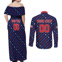 Custom Soccer USA 2026 Couples Matching Off Shoulder Maxi Dress and Long Sleeve Button Shirt Stronger Together We Are One Nation - Wonder Print Shop