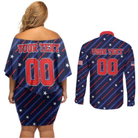 Custom Soccer USA 2026 Couples Matching Off Shoulder Short Dress and Long Sleeve Button Shirt Stronger Together We Are One Nation - Wonder Print Shop