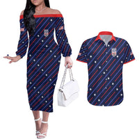 Custom Soccer USA 2026 Couples Matching Off The Shoulder Long Sleeve Dress and Hawaiian Shirt Stronger Together We Are One Nation - Wonder Print Shop