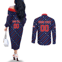 Custom Soccer USA 2026 Couples Matching Off The Shoulder Long Sleeve Dress and Long Sleeve Button Shirt Stronger Together We Are One Nation - Wonder Print Shop
