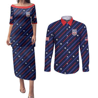 Custom Soccer USA 2026 Couples Matching Puletasi and Long Sleeve Button Shirt Stronger Together We Are One Nation - Wonder Print Shop