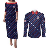 Custom Soccer USA 2026 Couples Matching Puletasi and Long Sleeve Button Shirt Stronger Together We Are One Nation - Wonder Print Shop