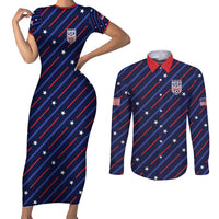 Custom Soccer USA 2026 Couples Matching Short Sleeve Bodycon Dress and Long Sleeve Button Shirt Stronger Together We Are One Nation - Wonder Print Shop