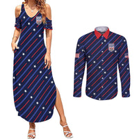 Custom Soccer USA 2026 Couples Matching Summer Maxi Dress and Long Sleeve Button Shirt Stronger Together We Are One Nation - Wonder Print Shop