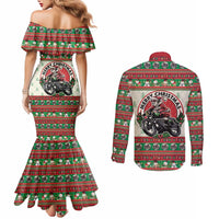 Biker Santa Motorcycle Christmas Couples Matching Mermaid Dress and Long Sleeve Button Shirt Santa Claus On A Motorcycle - Wonder Print Shop