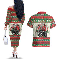 Biker Santa Motorcycle Christmas Couples Matching Off The Shoulder Long Sleeve Dress and Hawaiian Shirt Santa Claus On A Motorcycle - Wonder Print Shop