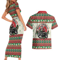 Biker Santa Motorcycle Christmas Couples Matching Short Sleeve Bodycon Dress and Hawaiian Shirt Santa Claus On A Motorcycle - Wonder Print Shop