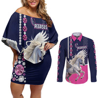Personalized Pegasus Horse Racing Couples Matching Off Shoulder Short Dress and Long Sleeve Button Shirt Diamond Luxury Style