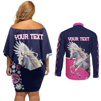 Personalized Pegasus Horse Racing Couples Matching Off Shoulder Short Dress and Long Sleeve Button Shirt Diamond Luxury Style