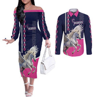 Personalized Pegasus Horse Racing Couples Matching Off The Shoulder Long Sleeve Dress and Long Sleeve Button Shirt Diamond Luxury Style