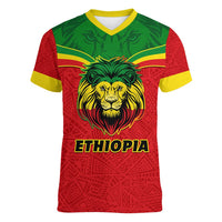 Women's red V-neck T-shirt with lion head graphic, green accents, and ETHIOPIA text
