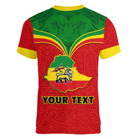 Personalised Ethiopia Women V Neck T Shirt Lion Of Judah Flag Style Special Version - Wonder Print Shop