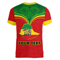 Women's red V-neck T-shirt with lion emblem, green map shape, and 'YOUR TEXT'