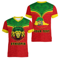 Women's V-neck T-shirts in red and green with lion head and ETHIOPIA/'YOUR TEXT'