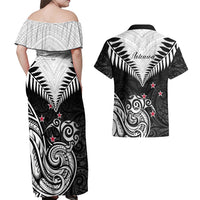 New Zealand Couples Matching Off Shoulder Maxi Dress and Hawaiian Shirt Aotearoa Maori Kiwi Black Fern - Wonder Print Shop