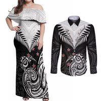New Zealand Couples Matching Off Shoulder Maxi Dress and Long Sleeve Button Shirts Aotearoa Maori Kiwi Black Fern - Wonder Print Shop