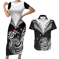 New Zealand Couples Matching Short Sleeve Bodycon Dress and Hawaiian Shirt Aotearoa Maori Kiwi Black Fern - Wonder Print Shop