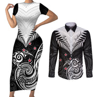 New Zealand Couples Matching Short Sleeve Bodycon Dress and Long Sleeve Button Shirts Aotearoa Maori Kiwi Black Fern - Wonder Print Shop