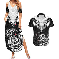 New Zealand Couples Matching Summer Maxi Dress and Hawaiian Shirt Aotearoa Maori Kiwi Black Fern - Wonder Print Shop