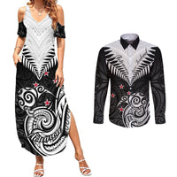 New Zealand Couples Matching Summer Maxi Dress and Long Sleeve Button Shirts Aotearoa Maori Kiwi Black Fern - Wonder Print Shop