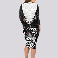 New Zealand Long Sleeve Bodycon Dress Aotearoa Maori Kiwi Black Fern - Wonder Print Shop