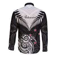 New Zealand Long Sleeve Button Shirt Aotearoa Maori Kiwi Black Fern - Wonder Print Shop